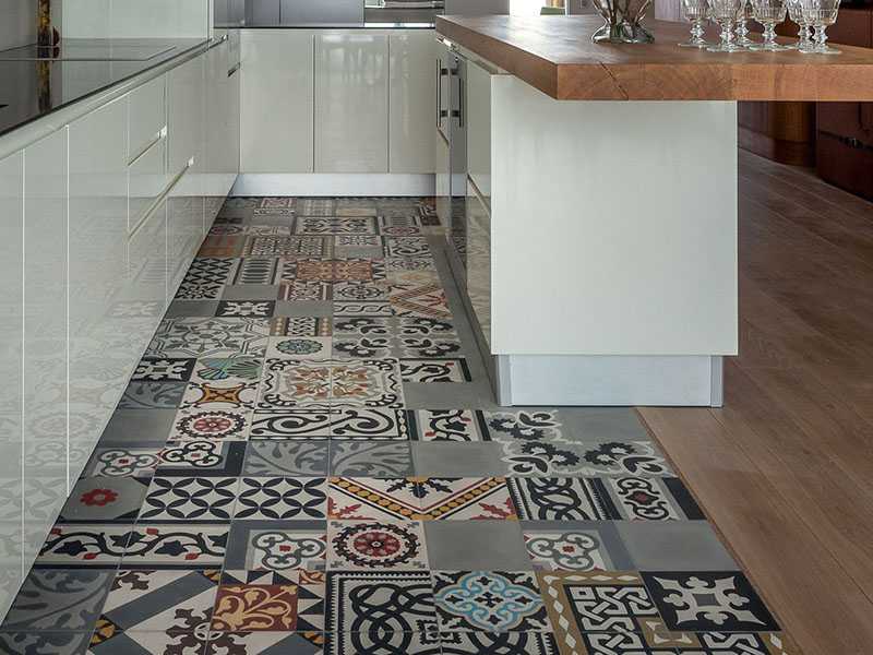 Combination of tile and wood in patchwork pattern
