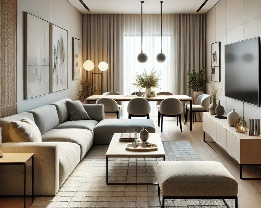  Sectional Sofa Paired with a Dining Bench and a TV Setup