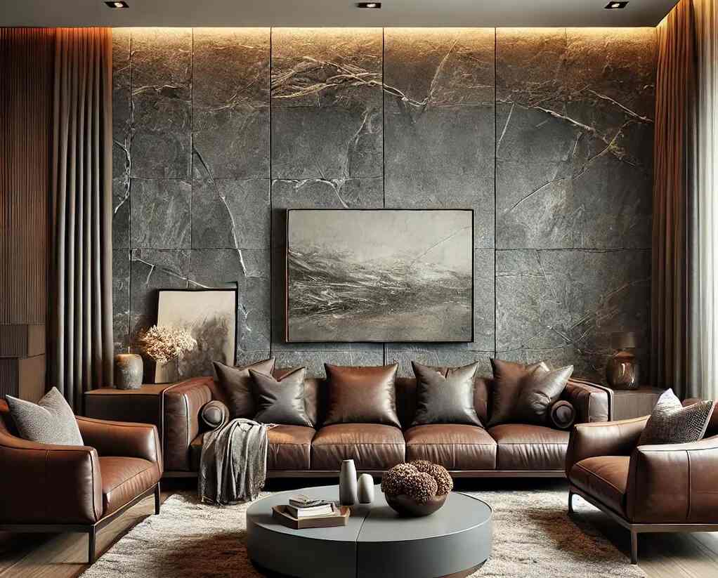 Grey Stone Wall with brown furniture living room