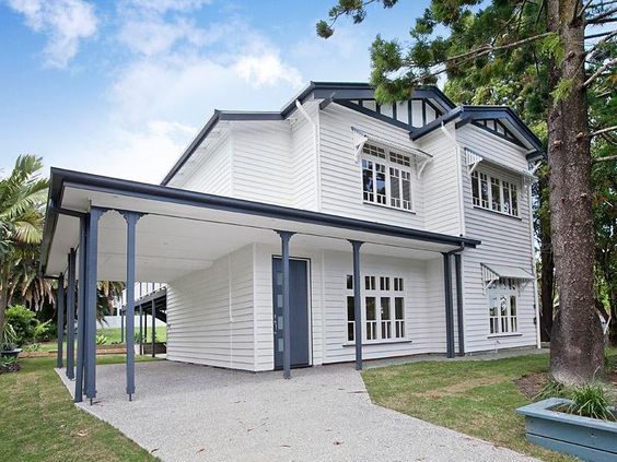 White Stucco House with Navy Blue