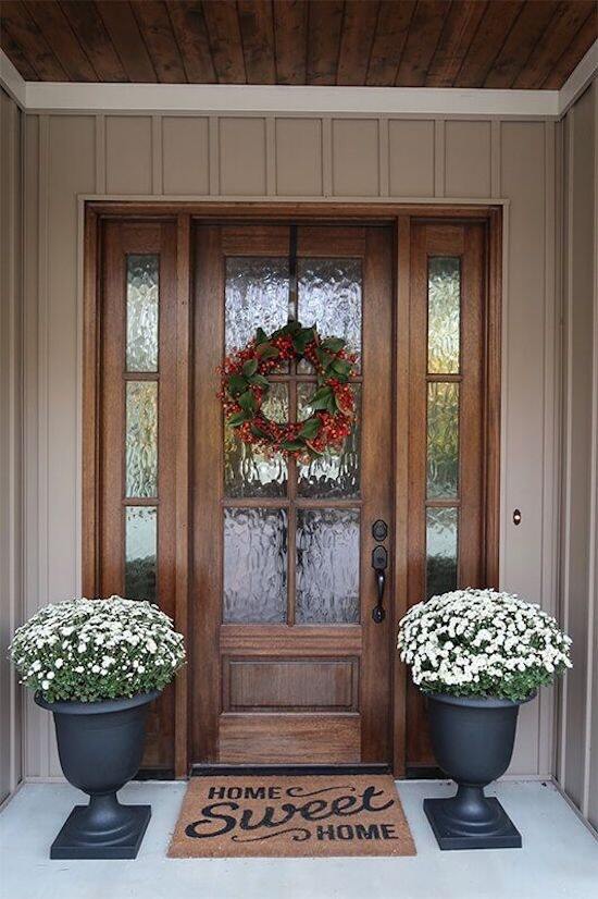 Rustic Front Door With Wooden Sidelight Frame