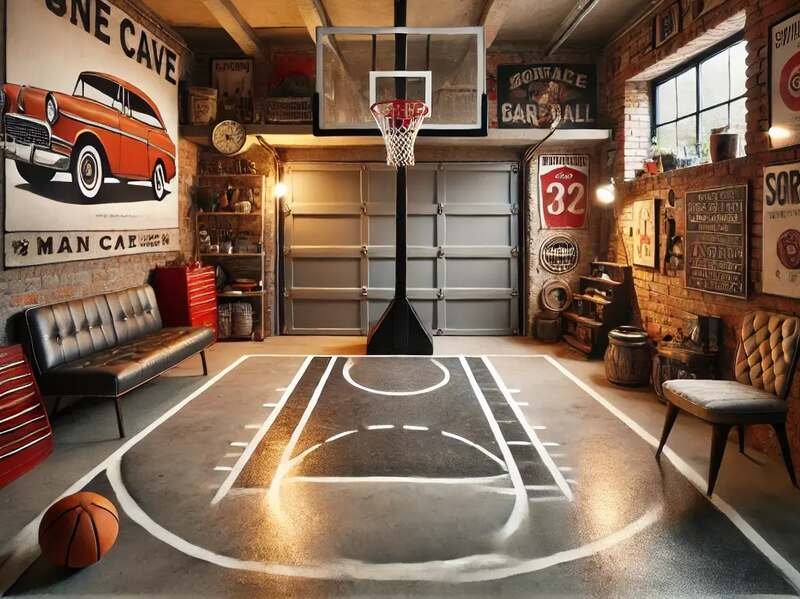 Garage Man Cave With Simple Basketball Court