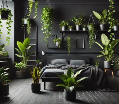 Aesthetic Black Bedroom With Greenery Addition