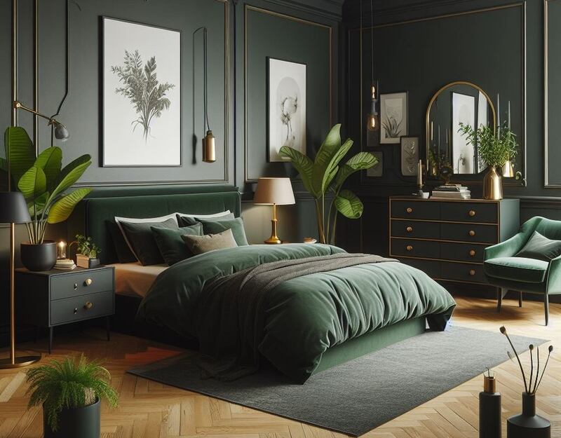 Dark Green Bedroom With Metallic Accent