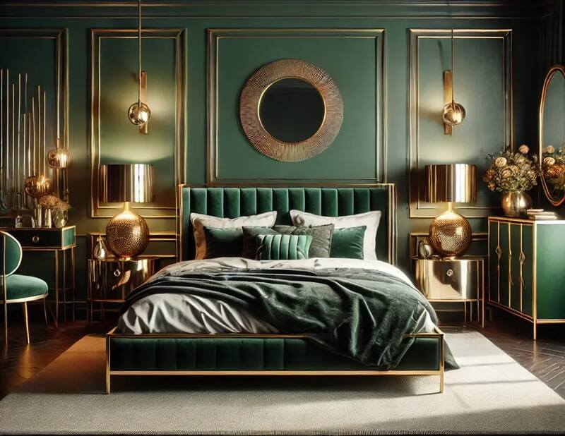 Dark Green Bedroom with Golden Contrast