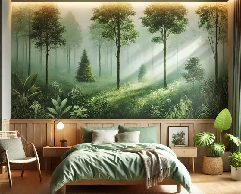 create an image for Bedroom with Green Forest Artworks