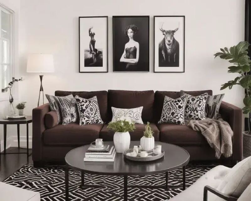 Black and White Interior Dark Brown Couch