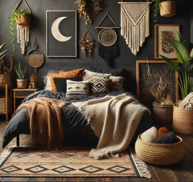 Aesthetic Black Bedroom with Boho Theme