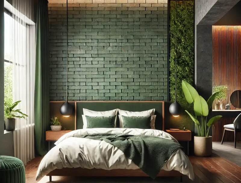 Brick Wall with Dark Green Bedroom