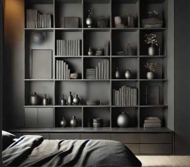 Aesthetic Black Bedroom With Built-in Shelves