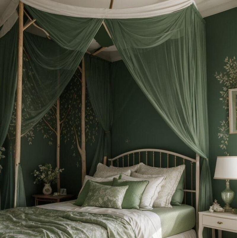 Canopy Bed with Green Drapes for Bedroom