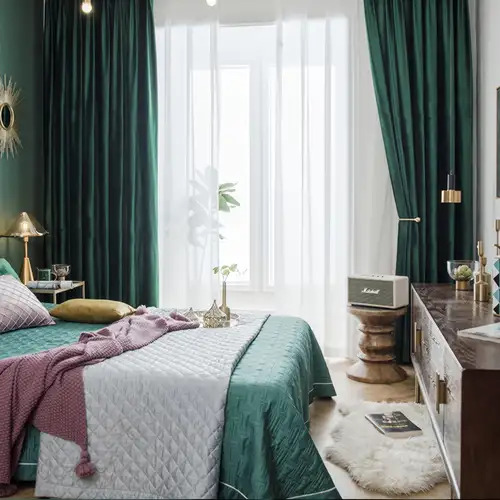 Bedroom Windows Treatment With Green Curtains