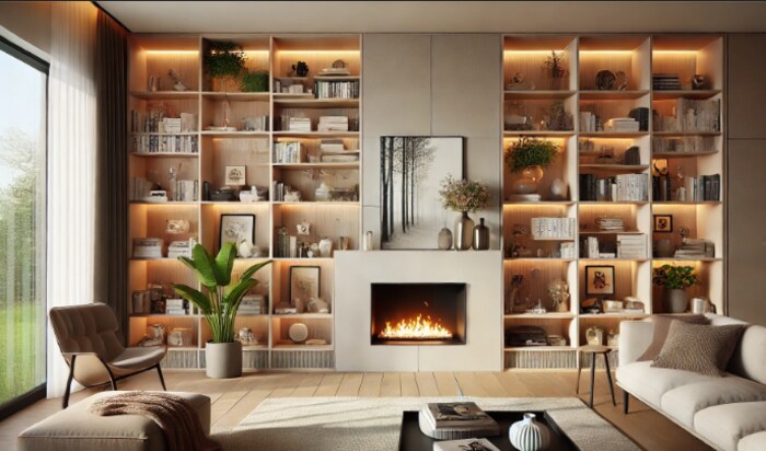 Fireplaces with Built-in Shelving in Living Room