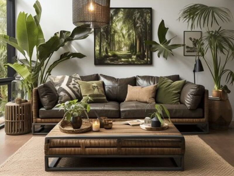 Greenery with Dark Brown Couch in Living Room