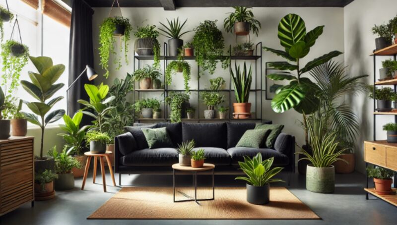 Indoor Plants with Black Couch in Living Room