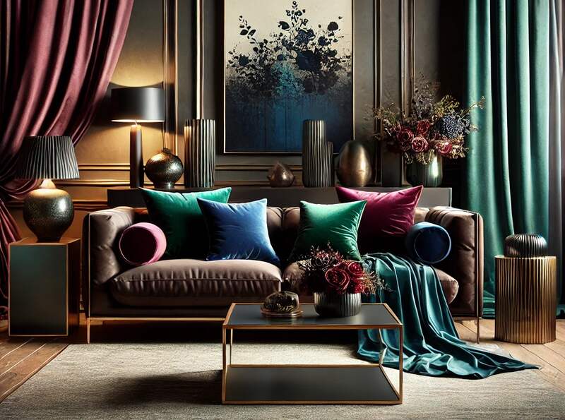 Jewel Tones With Dark Brown Couch in Living Room