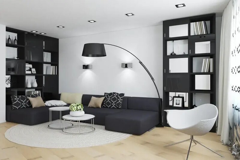 Light Walls with Black Couch in Living Room
