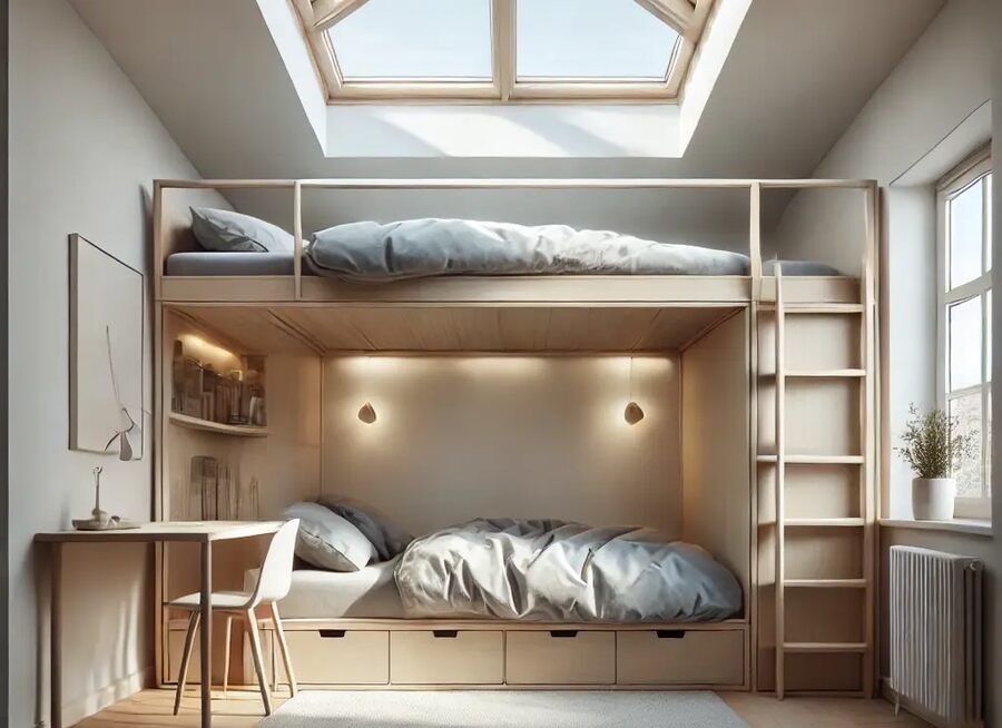 Loft Bed with a Skylight in Room