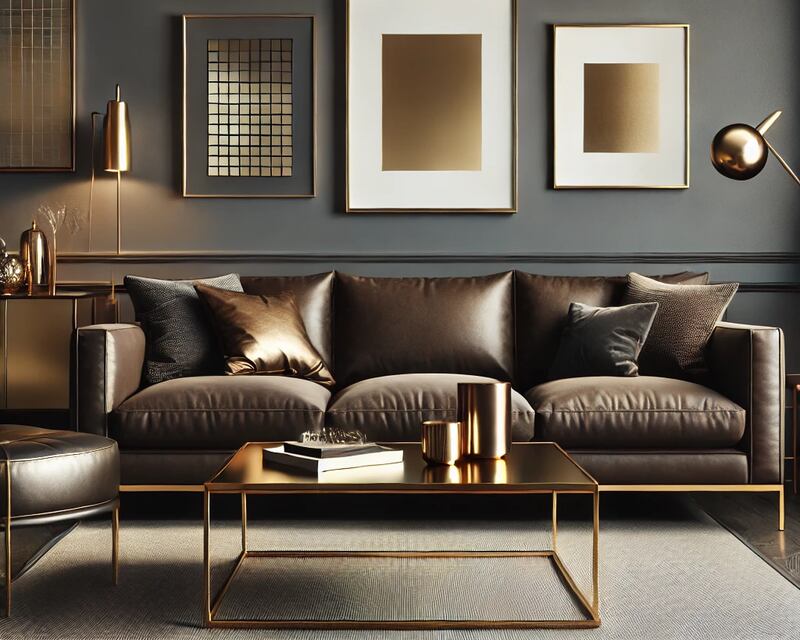 Metallic Accents for Dark Brown Couch Living Room