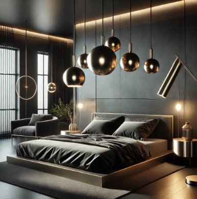 Aesthetic Black Bedroom With Metallic Lighting Fixture