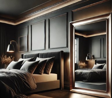 Aesthetic Black Bedroom With Metallic Mirror