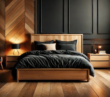 Aesthetic Black Bedroom With Natural Wood Accents