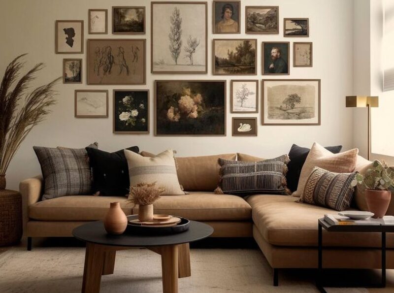 Vintage Art Wall Behind the Brown Couch