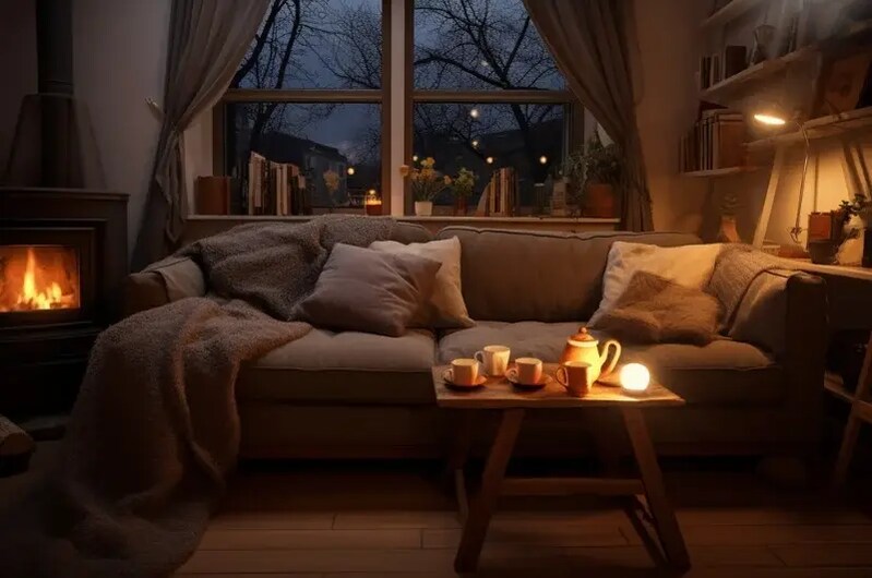 Warm Lighting for a Cozy Dark Brown Couch Living Room