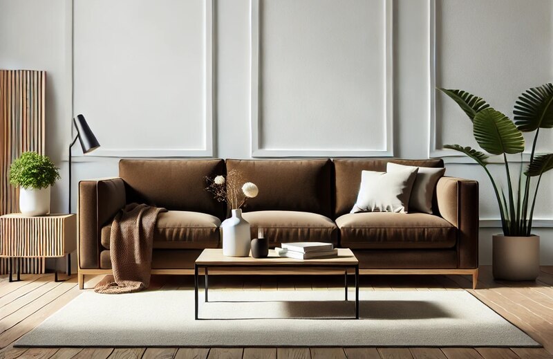 White Walls Panelling with Dark Brown Couch Living Room