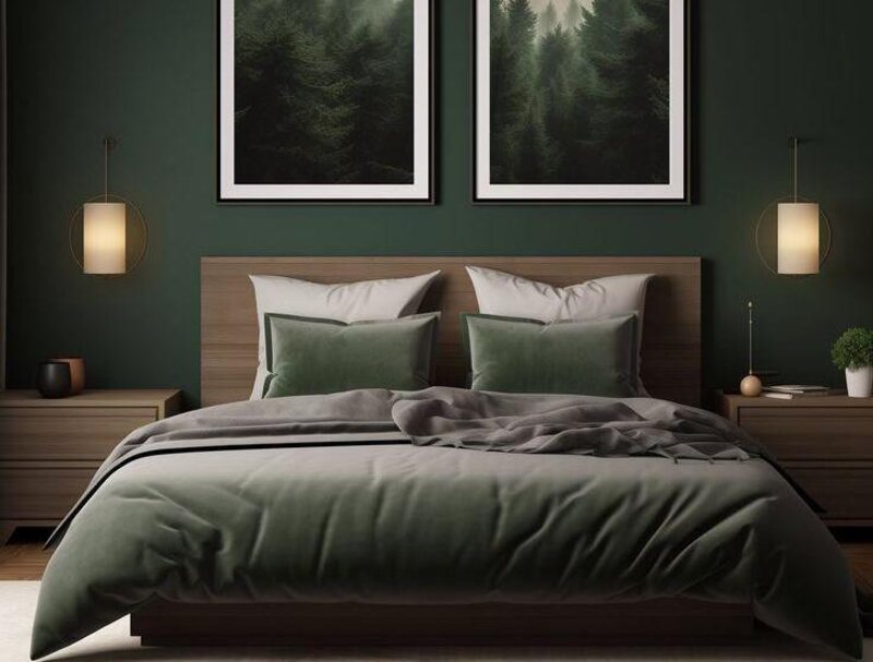 Dark Green Bedroom with Wooden Accent