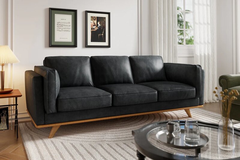 Wooden Accents Black Couch in Living Room