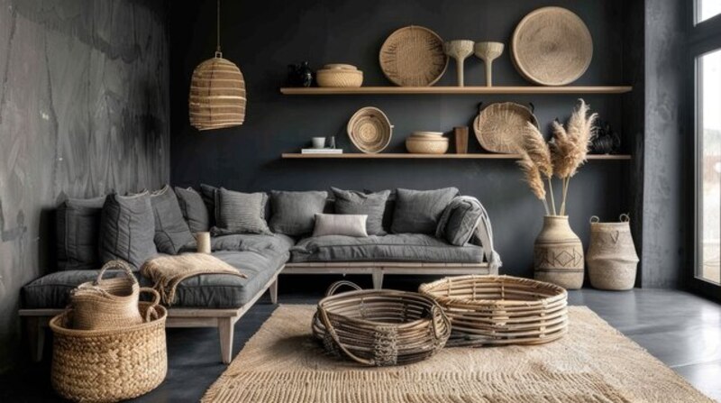 Woven Baskets with Black Couch in Living Room
