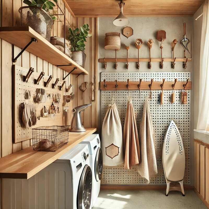 Hooks and Racks in Small Laundry Room