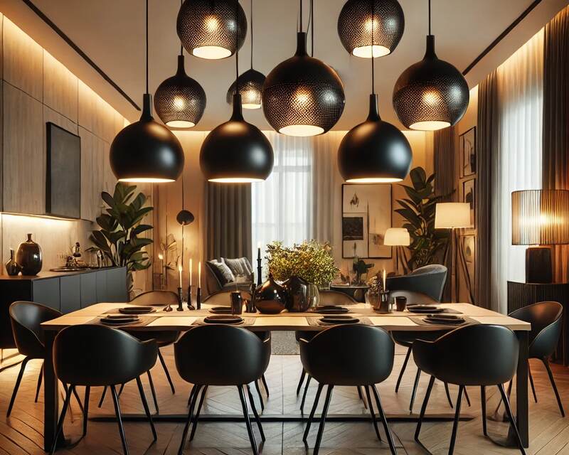 Black Pendant Lights in Dining Room