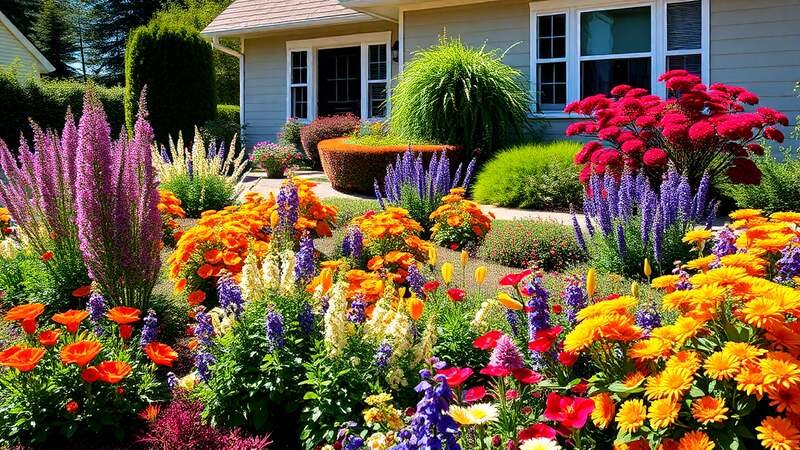 "Front yard with varied potted plants creating a colorful, layered display