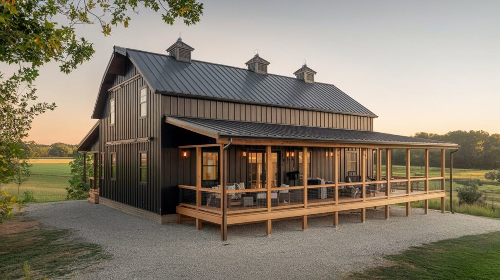 Black Barndominium with Wraparound Porch