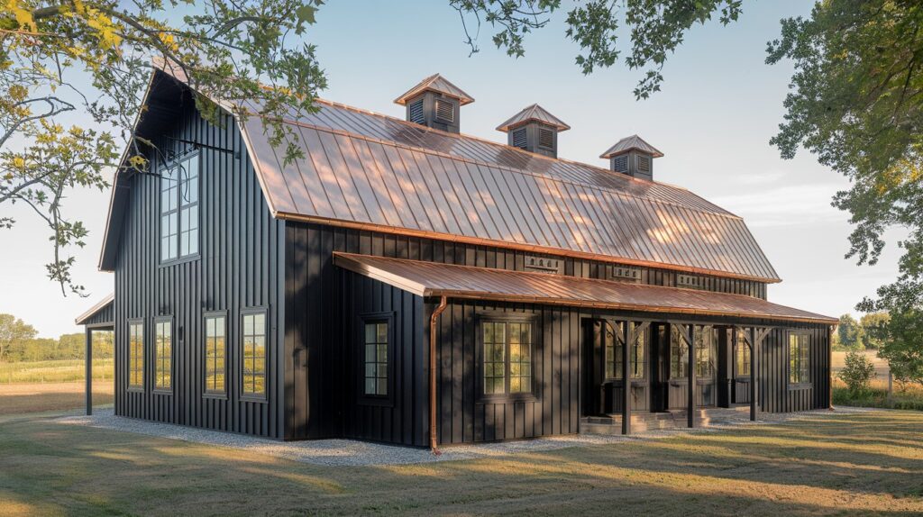 Black Barndominium with a Copper Roof