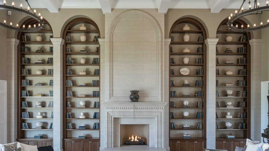 Fireplace Wall with Vertical Bookshelves