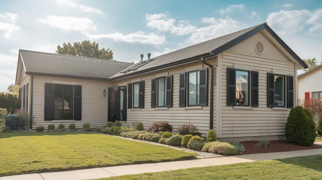 Neutral Tan Vinyl with Black Shutters
