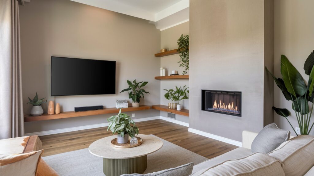 Offset Fireplace with Floating TV Mount