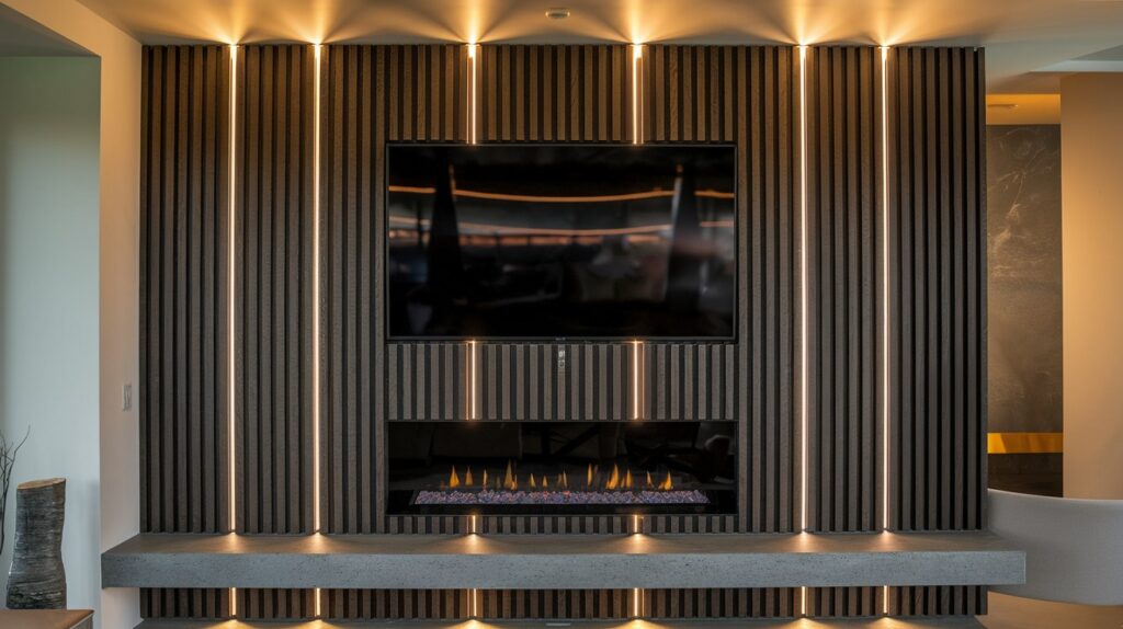 Slatted Wood Paneling Around Fireplace