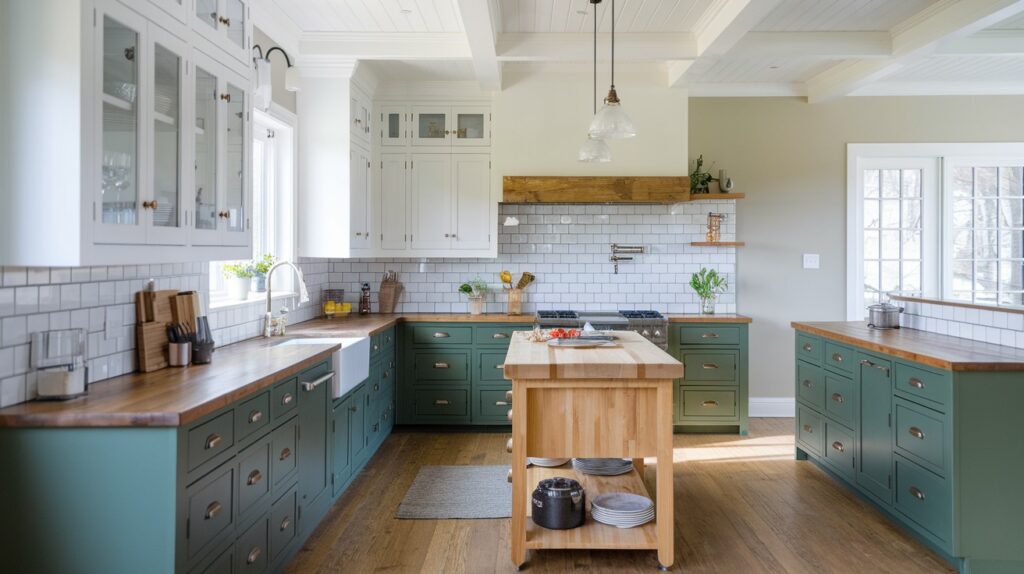 Two-Tone Green and White Kitchens