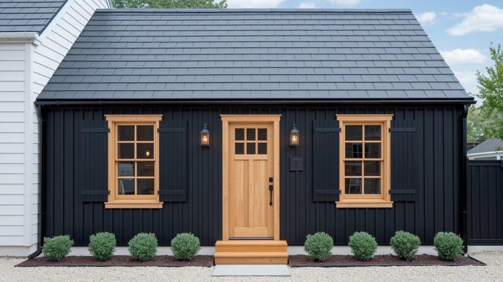 Black Cottage with Wood Window Trim