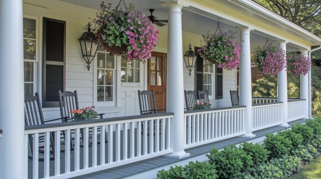 Classic Farmhouse Charm with Black Railings & White Columns