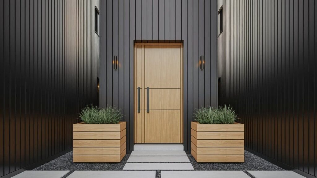 Compact City Home with Wooden Front Door + Planters