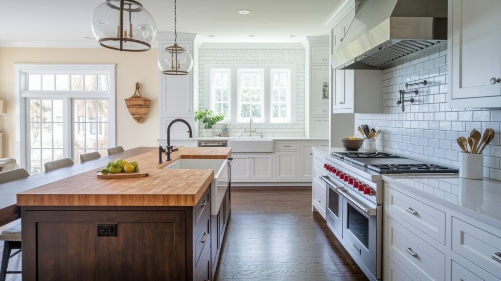 G-Shaped Kitchen with Double Sink and Prep Station