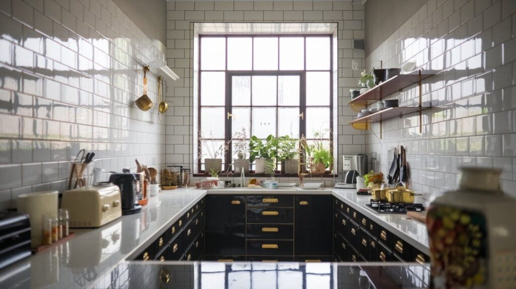  Glossy Tile Backsplash with Brass Accents
