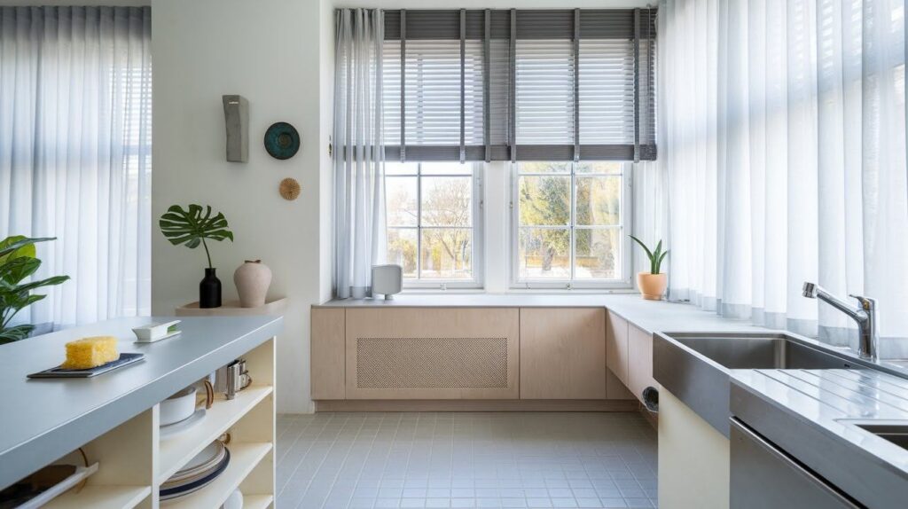 Gray Blinds + Sheer Curtains