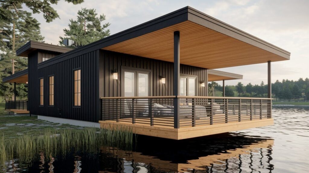 Lake House with Floating Deck + Wood Features