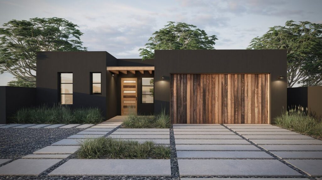 Modern Bungalow with Wood Garage Door
